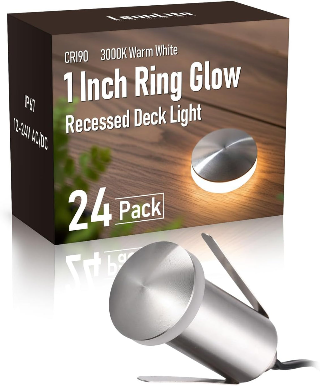 LEONLITE 24-Pack Low Voltage Recessed LED Deck Light, IP67 Waterproof, 12-24V AC/DC, 360° Ring Glow In-Ground Light, 1W 3000K 1.3-Inch Mini Flush Mount, Stainless Steel for Deck Patio Garden Edge