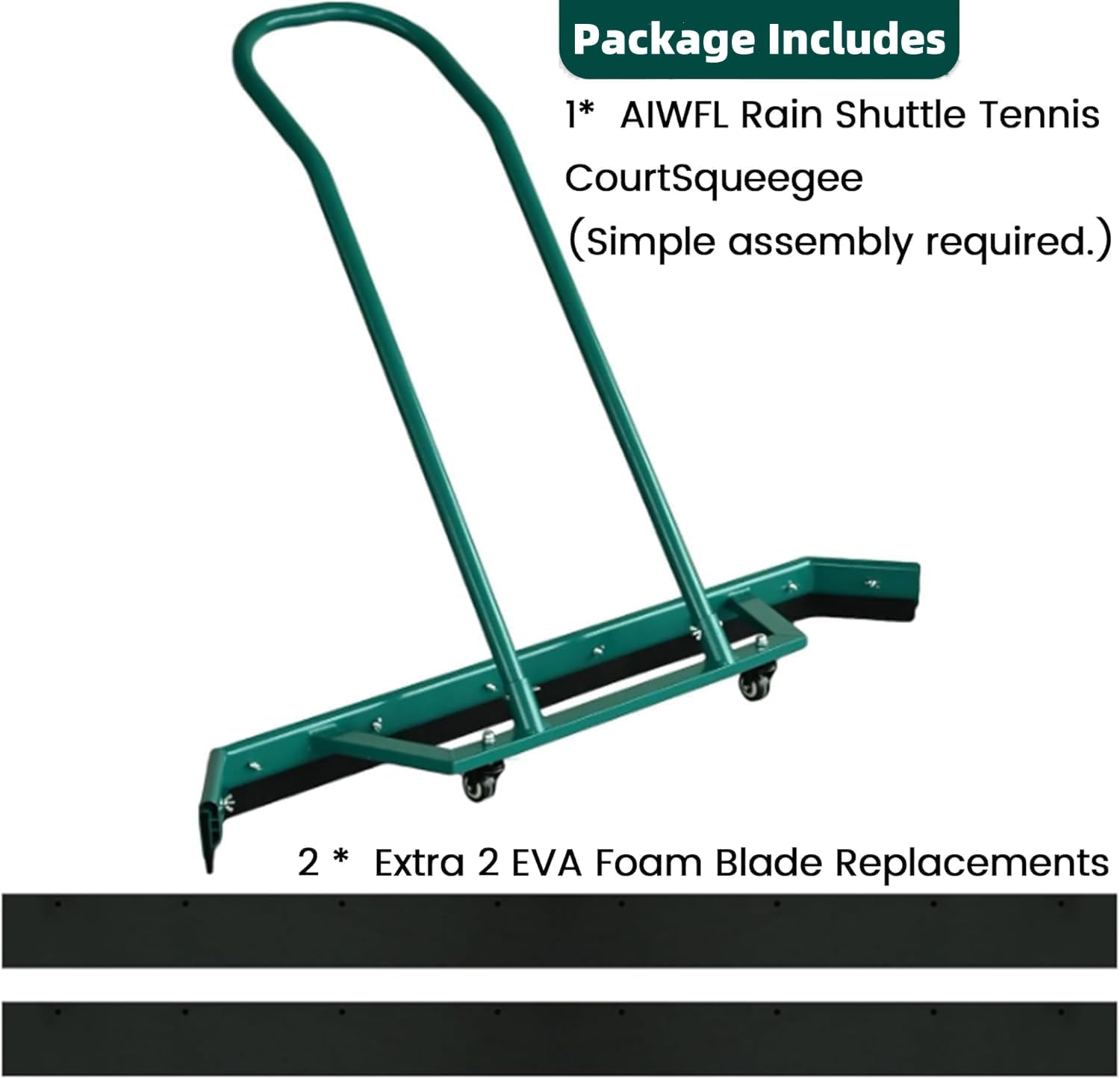 AIWFL 4.3FT Aluminium Alloy Sport Tennis Court Squeegee with Wheels, Tennis Court Rain Shuttle with Additional 2 EVA Foam Blade, Professional Squeegees Floor Water Remover Squeegee Broom, Green