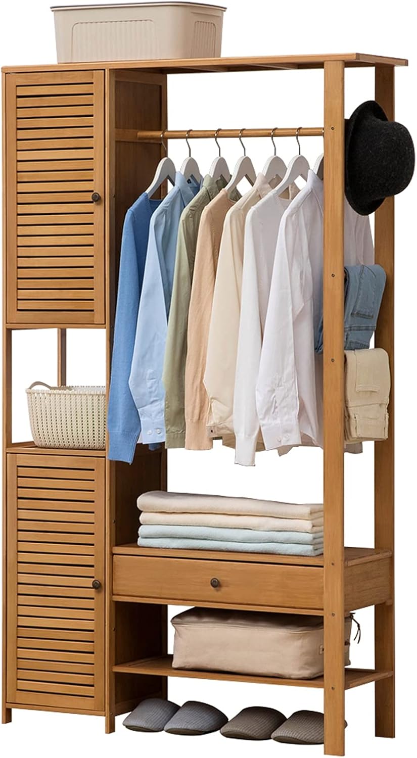 Coat Rack Stand Clothes Rack Stand, Free Standing Wardrobe, Modern Wood Furniture, Bedroom Hall Entryway Office for Storage Clothes Shoe Hat Umbrella(Wood Color-88X30X165CM