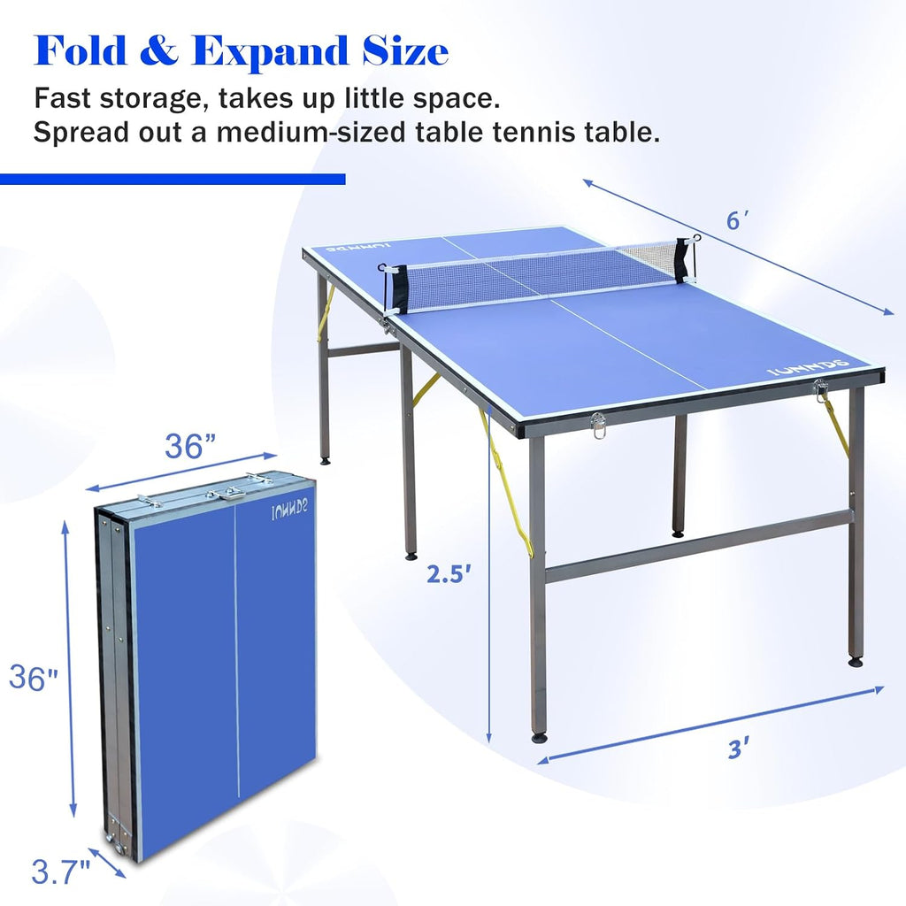 IUNNDS Portable Table Tennis Table 6/8/8.5/9FT Foldable Ping Pong Game Set for Indoor with Net and Post Set, 2 Paddles and 3 Balls