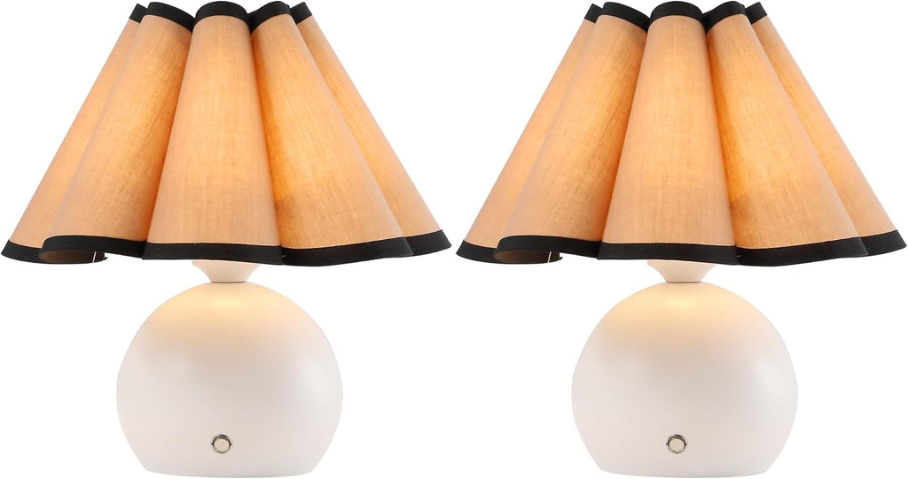 JONATHAN Y 10.5' Ivory Rechargeable Cordless Integrated LED Table Lamps Set of 2, Classic Vintage Scalloped Linen Shade, Dimmable Touch Sensor Accent Lamps JYL7157A-SET2