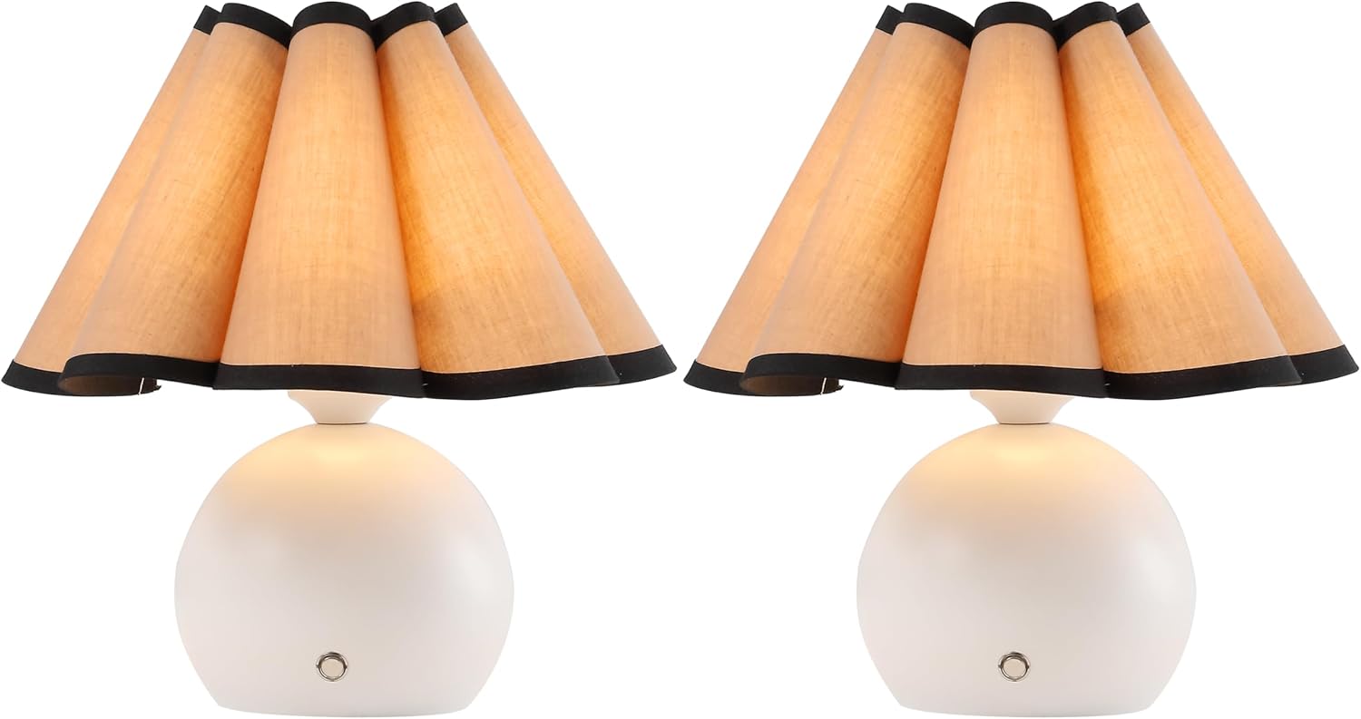 JONATHAN Y 10.5' Ivory Rechargeable Cordless Integrated LED Table Lamps Set of 2, Classic Vintage Scalloped Linen Shade, Dimmable Touch Sensor Accent Lamps JYL7157A-SET2