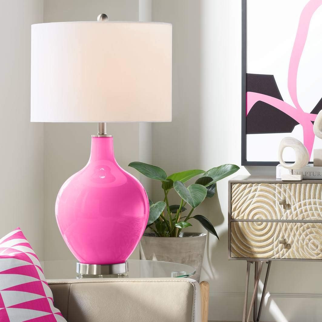 Color + Plus Modern Table Lamp 28.5' Tall Blossom Pink Glass OVO White Linen Drum Shade for Living Room Family Bedroom Bedside Nightstand