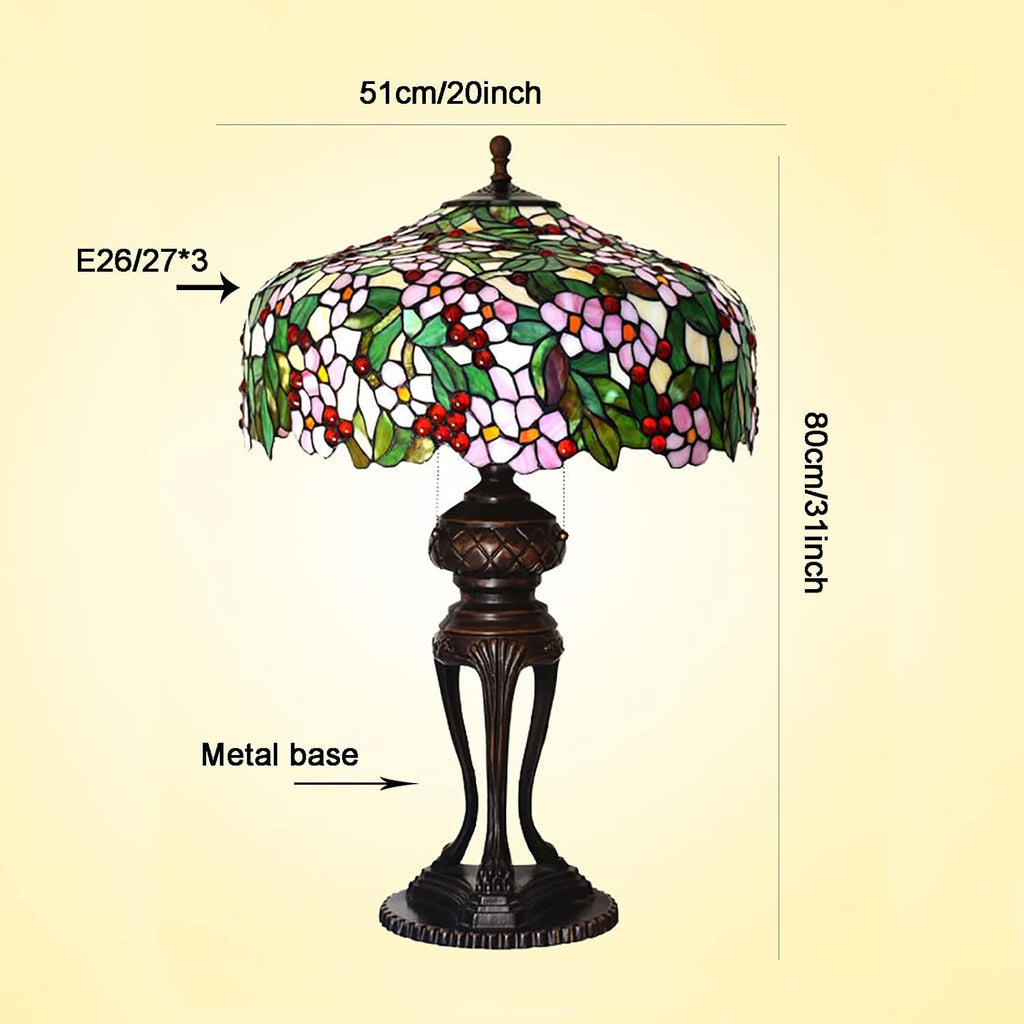 Pink Stained Glass Green Leaves Table Lamp, 20 Inch Tiffany Style Pastoral Cherry Blossom Bedroom Bedside Lamp, Living Room Office Table Decoration Lamp with Pull Cord Switch,A