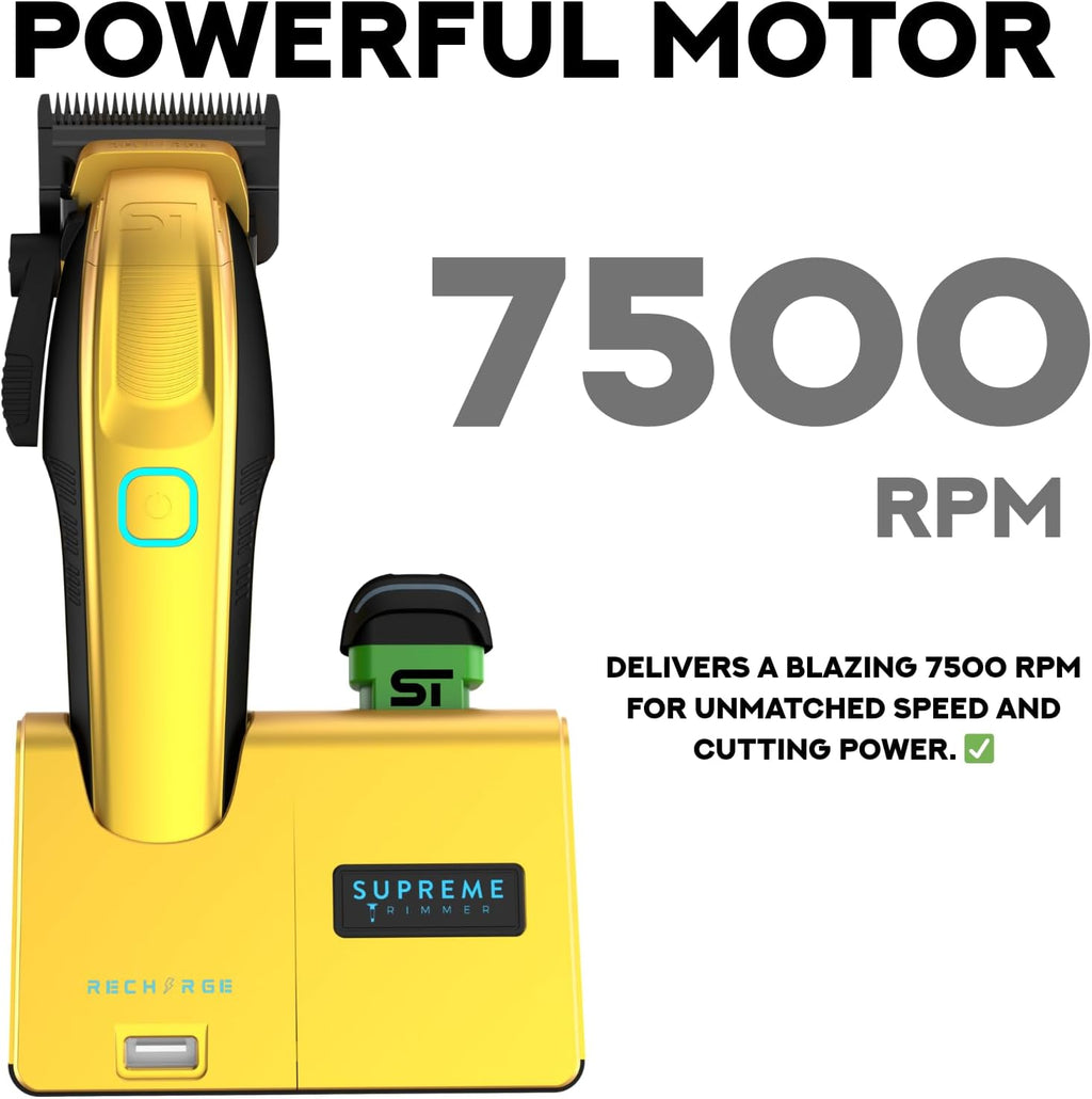 Supreme Trimmer Recharge Clipper - Professional Hair Clipper with 2 Removable Batteries, Brushless Motor, Smart Charge Stand, USB-C Charge & DLC Blades Barbers | STC779