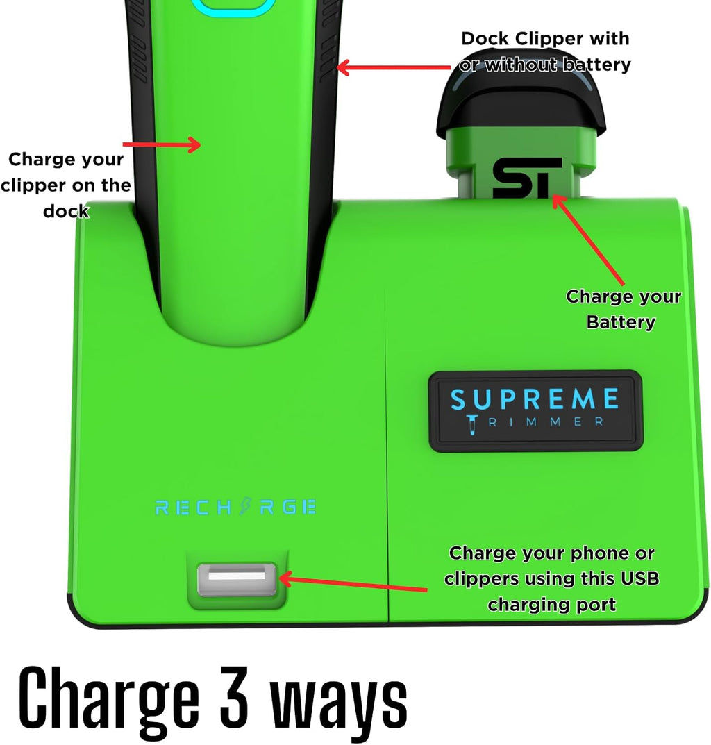 Supreme Trimmer Recharge Clipper - Professional Hair Clipper with 2 Removable Batteries, Brushless Motor, Smart Charge Stand, USB-C Charge & DLC Blades Barbers | STC779