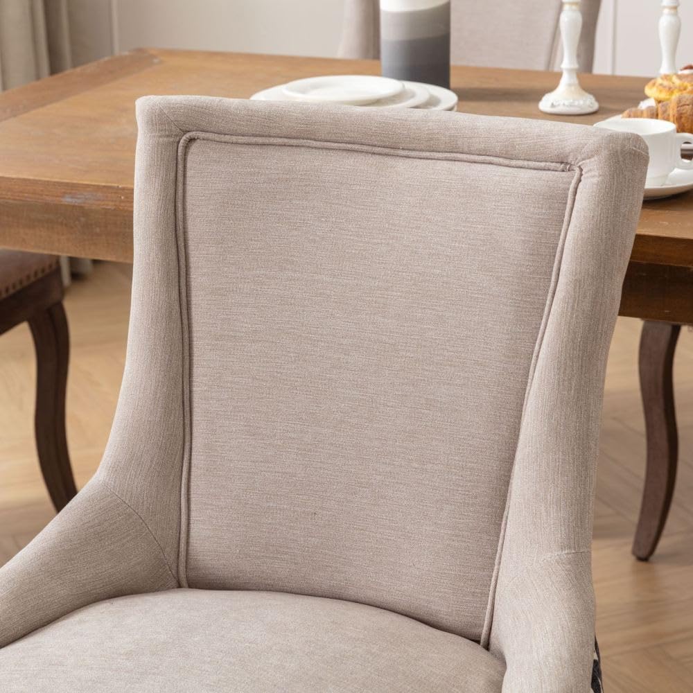 Dining Chairs Set of 2, Thickened Fabric Upholstered Chair with Neutral Solid Wood Legs & Bronze Nailhead Trim, Comfortable Accent Chairs for Dining Room/Kitchen/Living Space(Beige+Patterned + Fabric)