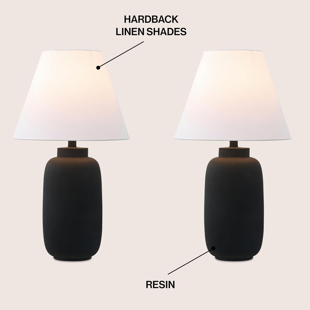 JONATHAN Y 24.5' Matte Black Modern Ginger Jar Table Lamp Set of 2 for Bedroom, Farmhouse Scandinavian Lamps for Nightstand, White Linen Shade, LED Bulbs Included JYL5603A-SET2