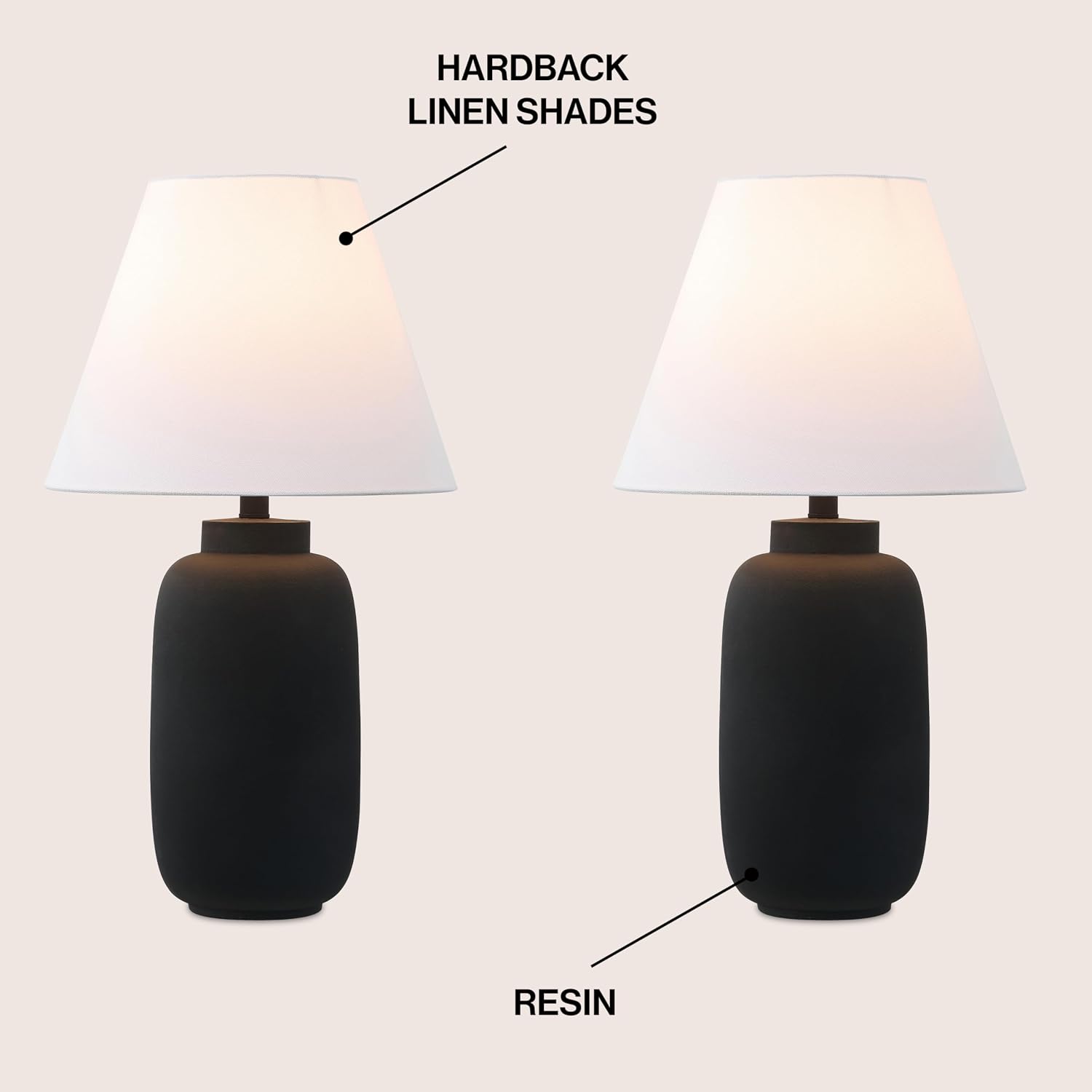 JONATHAN Y 24.5' Matte Black Modern Ginger Jar Table Lamp Set of 2 for Bedroom, Farmhouse Scandinavian Lamps for Nightstand, White Linen Shade, LED Bulbs Included JYL5603A-SET2