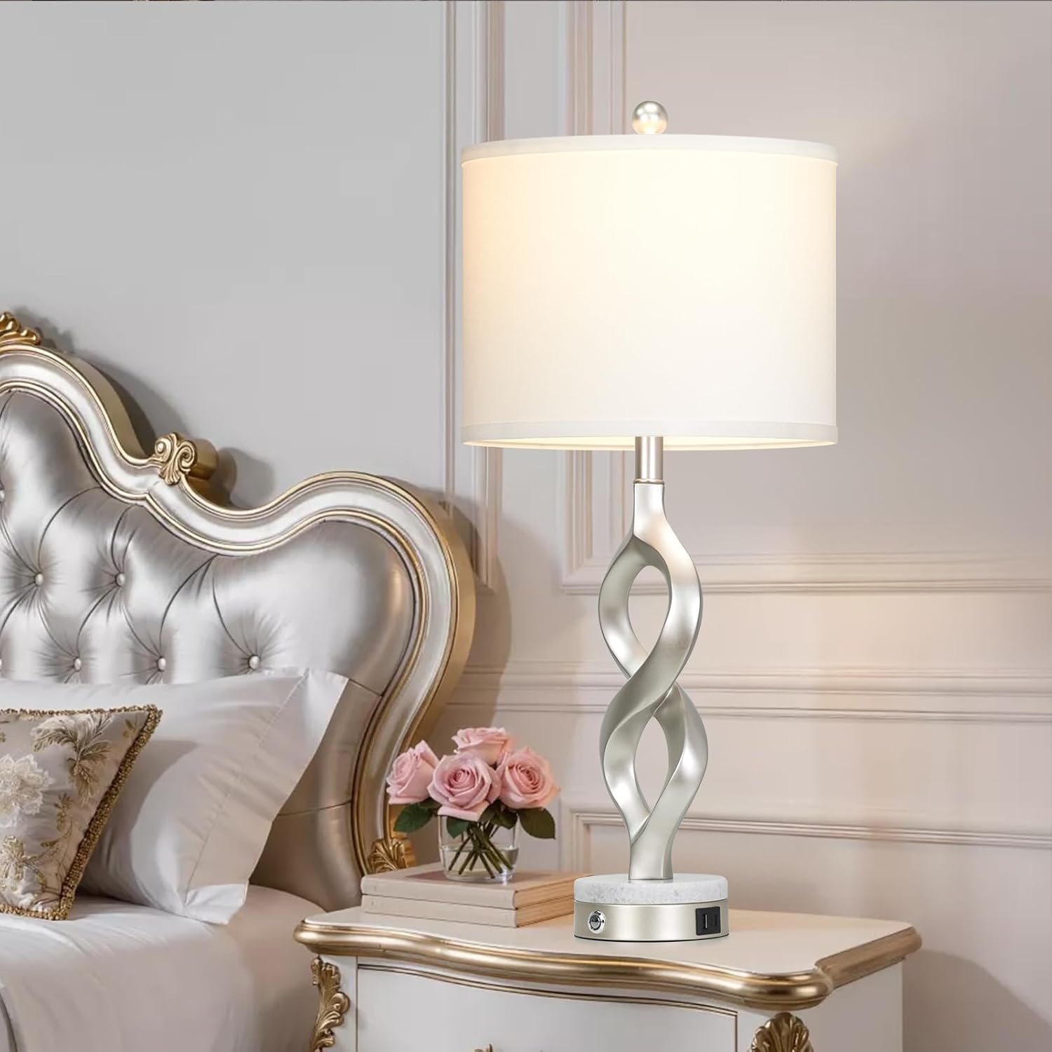 Cinyirong Silver Table Lamps Set of 2 for Living Room, 30' Tall Touch Control Bedside Lamps for Bedroom Nightstand, 3-Way Dimmable Modern Sculptural Table Lamp with USB A+C Ports and 2 LED Bulbs