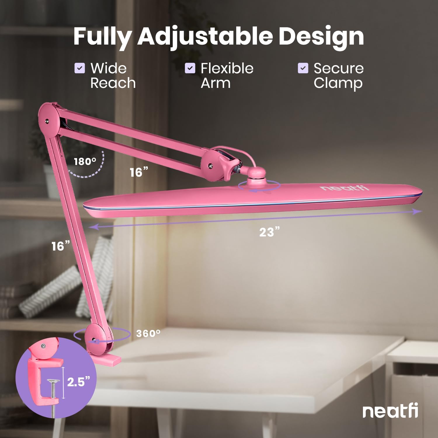 Neatfi XL 2,200 Lumens 24W LED Desk Lamp – 23' Wide Shade | Dimmable Eye-Caring Task Light | Adjustable Arm | Home Office, Study, Crafts & Nail Tech (Pink, Non-CCT with Clamp)