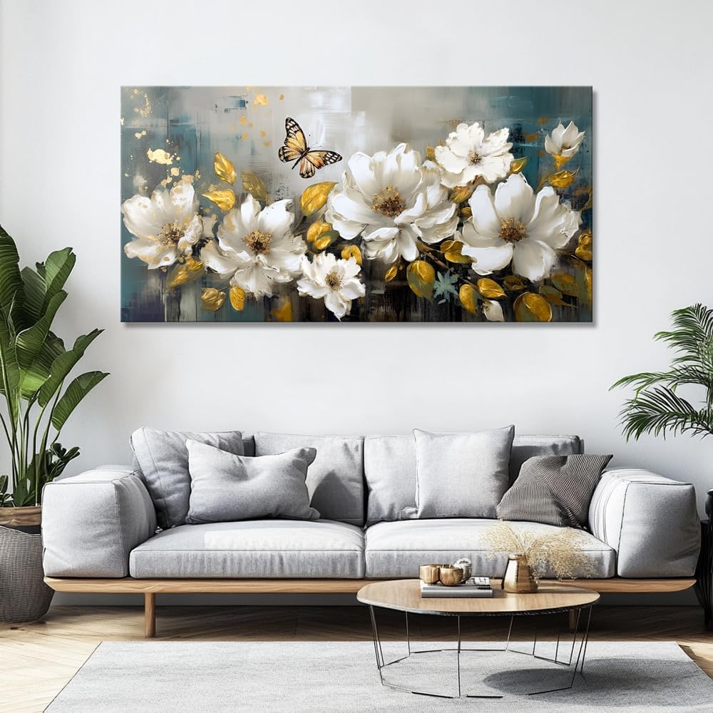 vgrozirh Wall Art Modern Flower Artwork Paintings White Blossom Gold Leaf Butterfly Landscape Picture wall Decor for Living Room Bedroom Kitchen 71'x36'