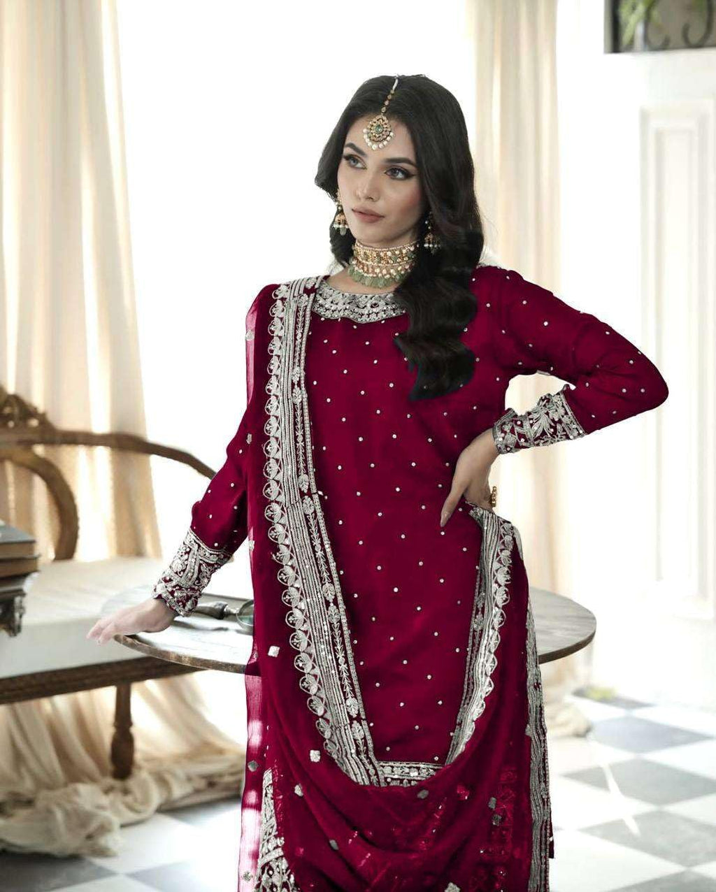 Vaidehi craft Women's Faux Georgette Embroidered Straight Kurta with Sharara & Dupatta Set with Rivet Moti Work