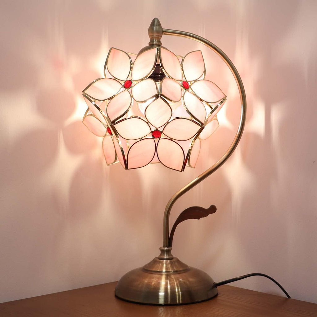 Bieye L10832 Tiffany Style Stained Glass Flower Petal Table Lamp with Brass Base for Home Décor (Pink, 8' Apple Blossom)