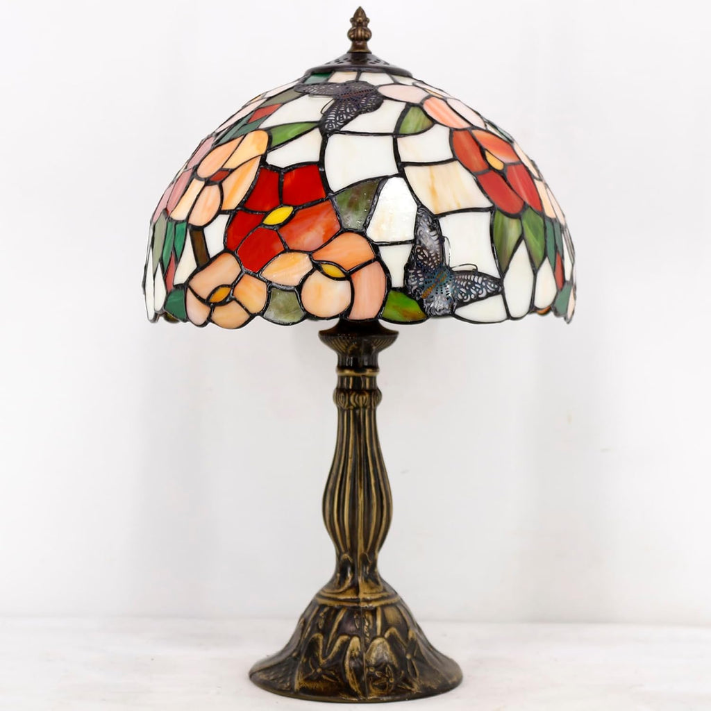 WERFACTORY Tiffany Table Lamp Bedside Pink Stained Glass Lamp Butterfly Style Reading Desk Light 12X12X18 Inches Decor Bedroom Living Room Home Office S275 Series