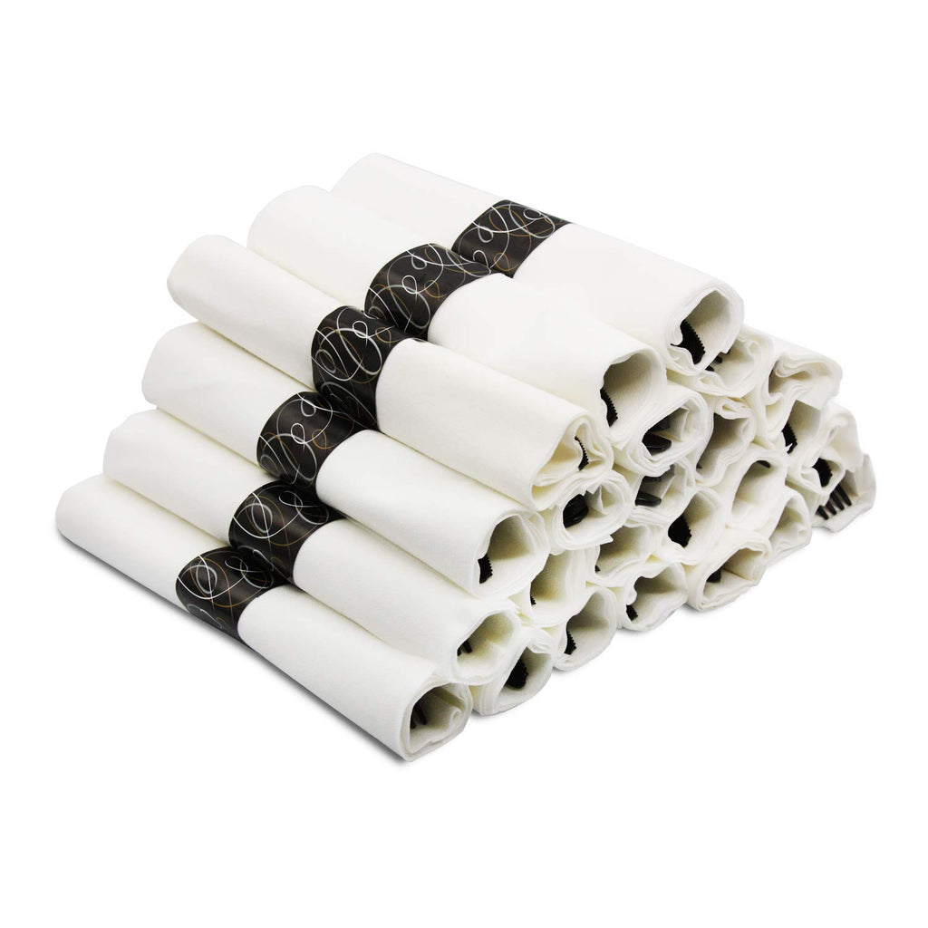 Party Essentials - N501732 Extra Heavy Duty Cutlery Kit with Black Fork/Knife/Spoon and 3-Ply White Napkin (Case of 300 rolls)