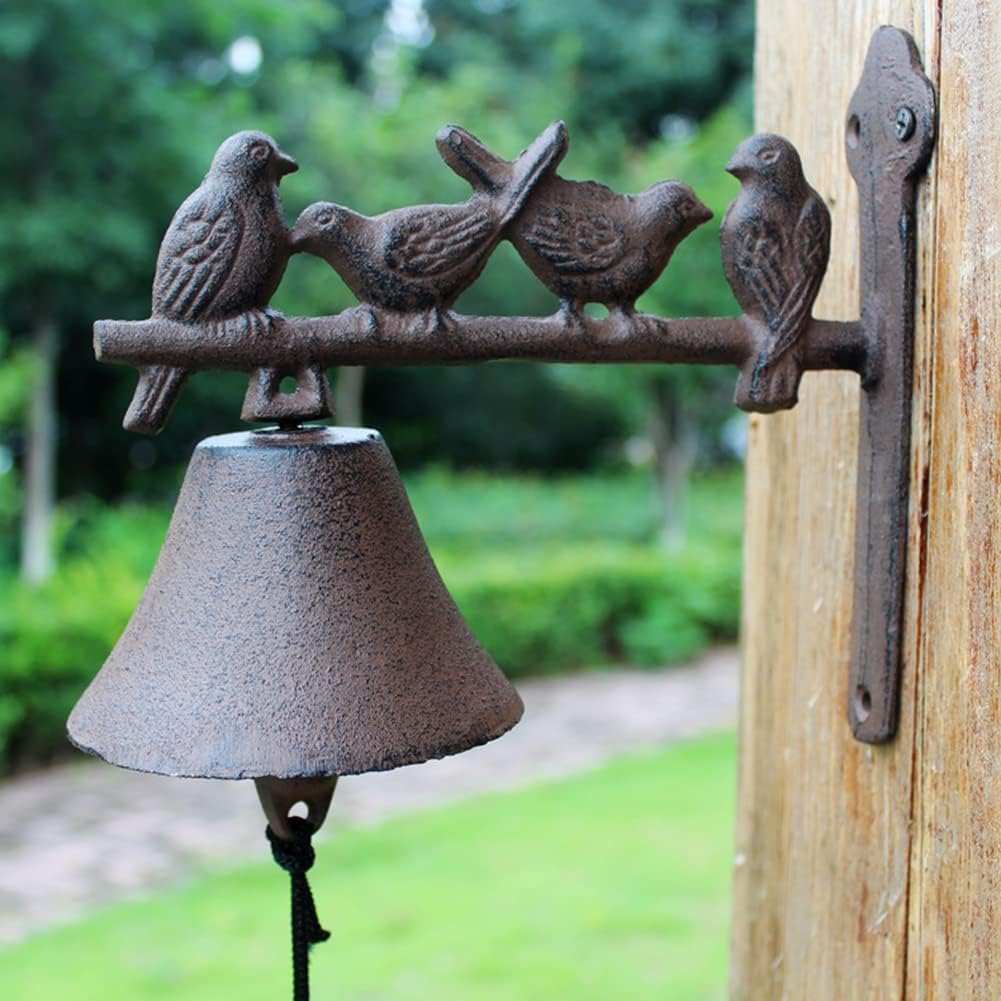 Door Bell, Decoration Bell with Bracket, Vintage Door Bell,Manual Doorbell， Cast Iron Garden Heavy Decorative Four Birds Door Decoration Bell Hanging Wall Ornaments Garden Home Wall Decoration Retro D