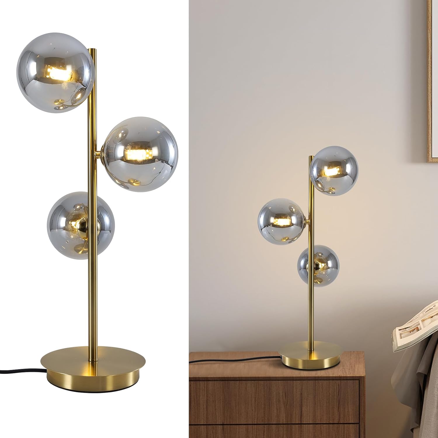 Mid Century Globe Table Lamp, Modern 3 Lights Gold Brass Desk Lamp, Contemporary Smoky Grey Glass Globe Bedside Lamp for Bedroom Living Room Study Room