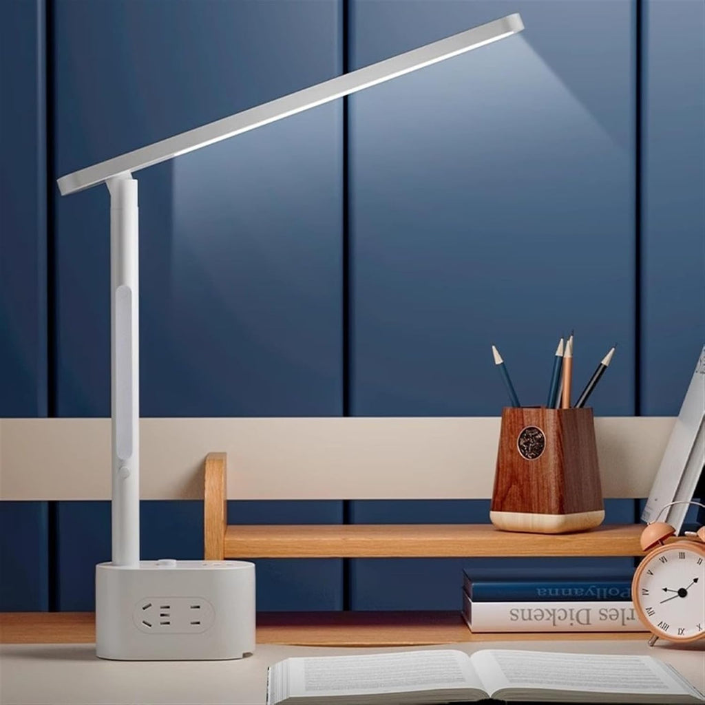 LED Desk Lamp LED Desk Lamps for Home Office - 2 USB Charging Port and AC Power Outlets, Button Switch Dimmable 3 Color Modes, Night Light and Phone Holder Desk Lamp
