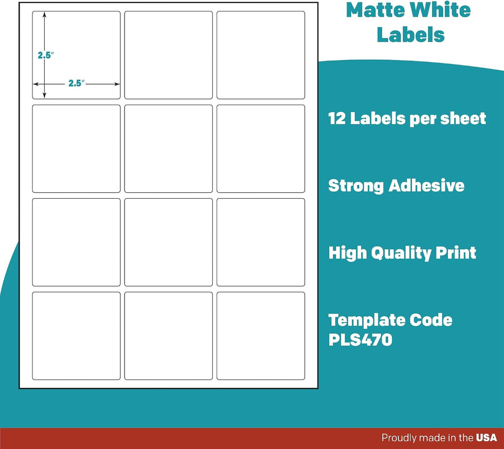 Premium Label Supply White Sticker Square Labels – 2.5' x 2.5' – Laser/Inkjet Compatible – (12 per Sheet), 2000 Sheets – 24,000 Total Adhesive Labels