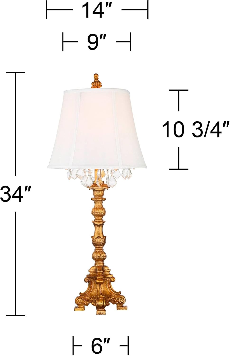 Barnes and Ivy Duval Traditional French Style Table Lamp 34' Tall Bright Gold Candlestick Crystal White Fabric Bell Shade for Living Room Bedroom House Bedside Nightstand Home Office Entryway