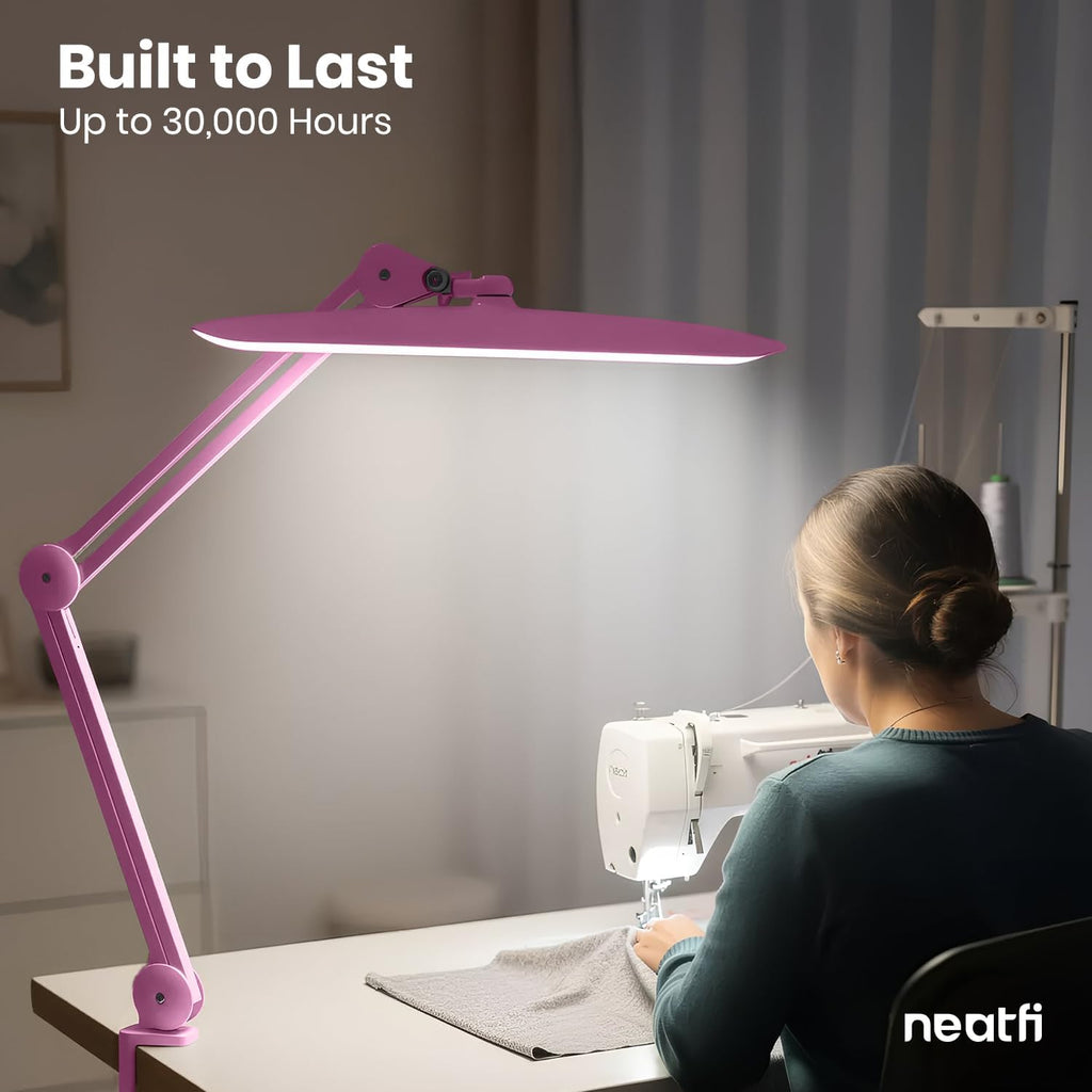 Neatfi XL 2200 Lumens 20W LED Desk Lamp with Clamp – Adjustable Color Temperature | 4-Level Dimmable Light | Home Office, Crafts & Workbench | 20-Inch Wide Head (Pink, CCT with Clamp)