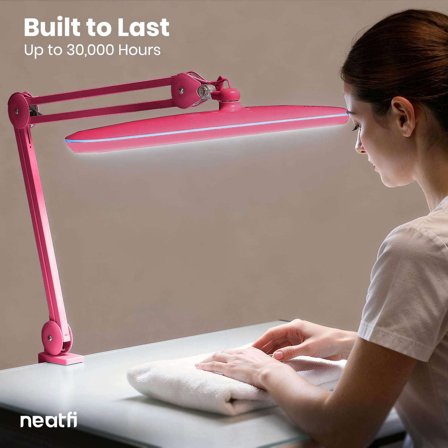 Neatfi XL 2,200 Lumens 24W LED Desk Lamp – 23' Wide Shade | Dimmable Eye-Caring Task Light | Adjustable Arm | Home Office, Study, Crafts & Nail Tech (Pink, Non-CCT with Clamp)