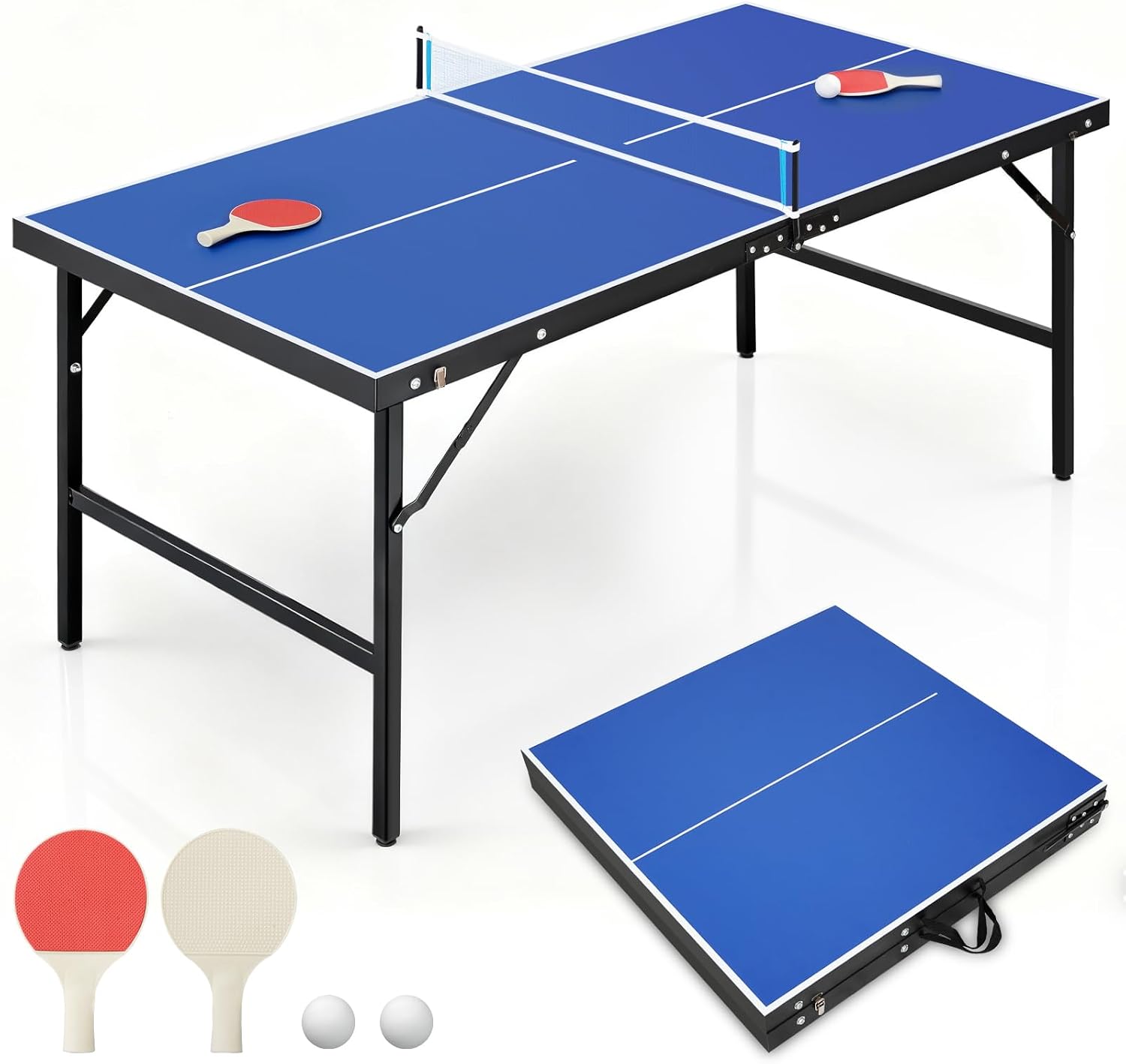 Portable Ping Pong Table, Foldable Indoor Table Tennis Tables Game, Folding Indoor Table Tennis w/ 2 Paddles, 2 Balls and Net for Adults/Teens, Quick Assembly