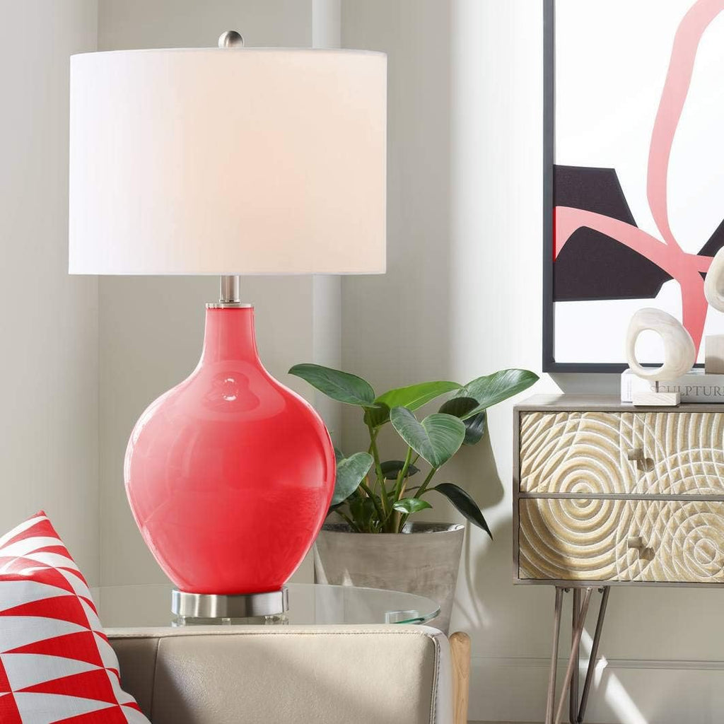 Color + Plus OVO 28 1/2' Tall Modern End Table Lamp Poppy Red Brushed Nickel Finish Glass Single Linen White Shade Living Room Bedroom Bedside Nightstand House Office Home Reading Kitchen Entryway