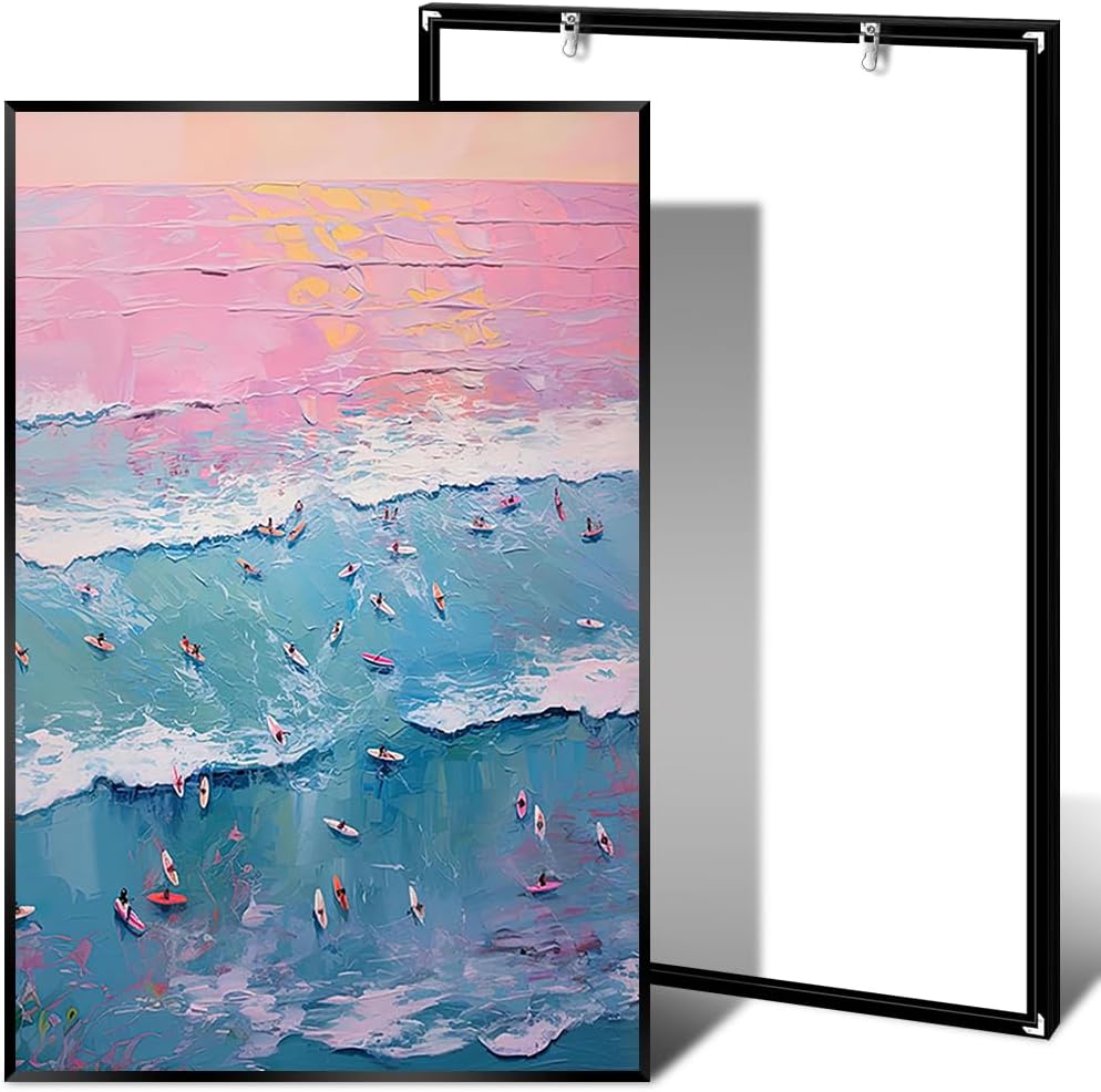 Trendy Summer Wall Art Blue Beach Poster Pink Sky Canvas Preppy Ocean Surf Print Beachy Painting Coastal Picture Aesthetic for Teen Girls Dorm Bedroom Apartment Decoration 24x36inch Metal Black Framed