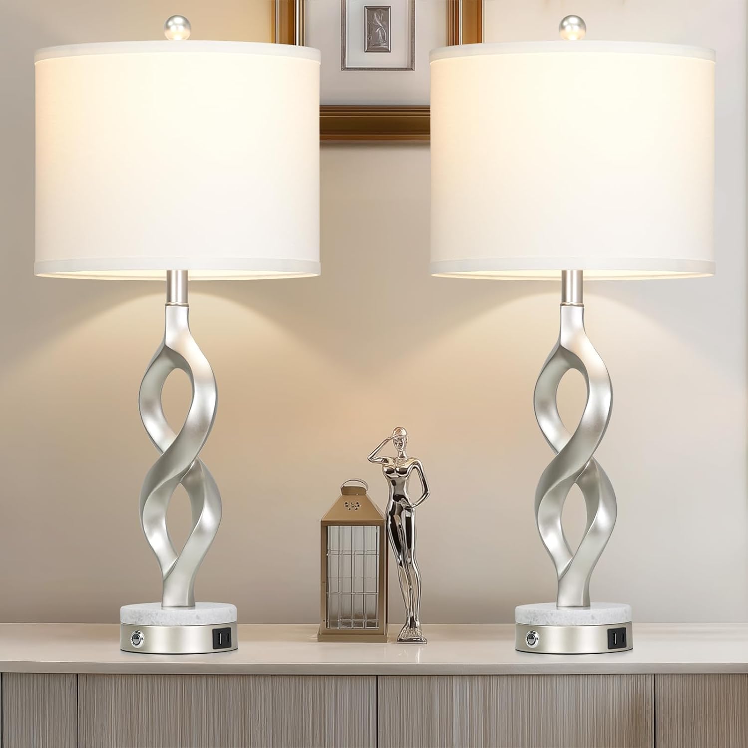 Cinyirong Silver Table Lamps Set of 2 for Living Room, 30' Tall Touch Control Bedside Lamps for Bedroom Nightstand, 3-Way Dimmable Modern Sculptural Table Lamp with USB A+C Ports and 2 LED Bulbs