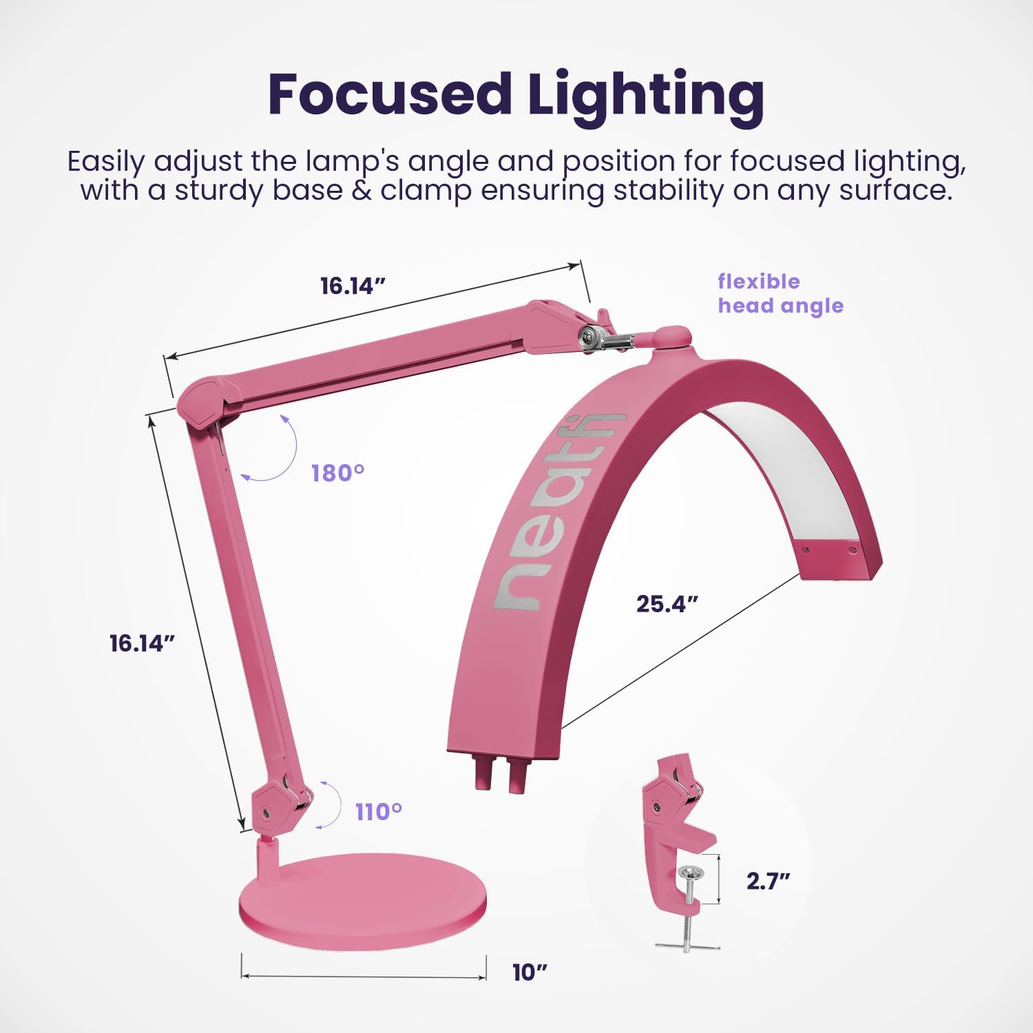 Neatfi Half Moon LED Table Lamp for Estheticians – 2,500 Lumens | CCT Dimming, 5 Light Modes | Professional Task Lamp for Nail Art, Facials, Threading & Tattoos (Pink, CCT with Base and Clamp)