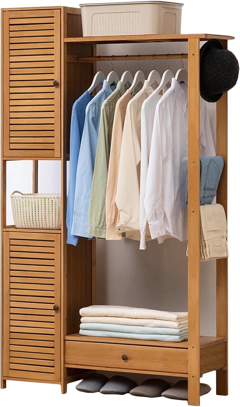 Coat Rack Stand Clothes Rack Stand, Free Standing Wardrobe, Modern Wood Furniture, Bedroom Hall Entryway Office for Storage Clothes Shoe Hat Umbrella(Wood Color-a-88X30X165CM