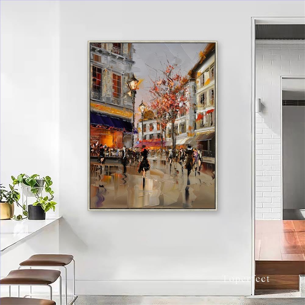 24 Modern Contemporary Cityscape Art - Oil Painting on Canvas Featuring Pink Blossoming Trees, Urban Streets, and Stylish Girls. Handmade European Artwork by College Teachers, Perfect for Home decor