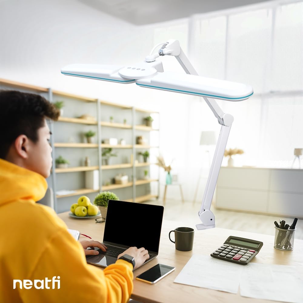 Neatfi Elite HD XL LED Desk Lamp | 3 Light Modes | Non-Polar Dimming | Eye-Caring Desk Light for Home Office, Drafting, Beauty Shop, Workbench (Blue Ring, CCT with Clamp)