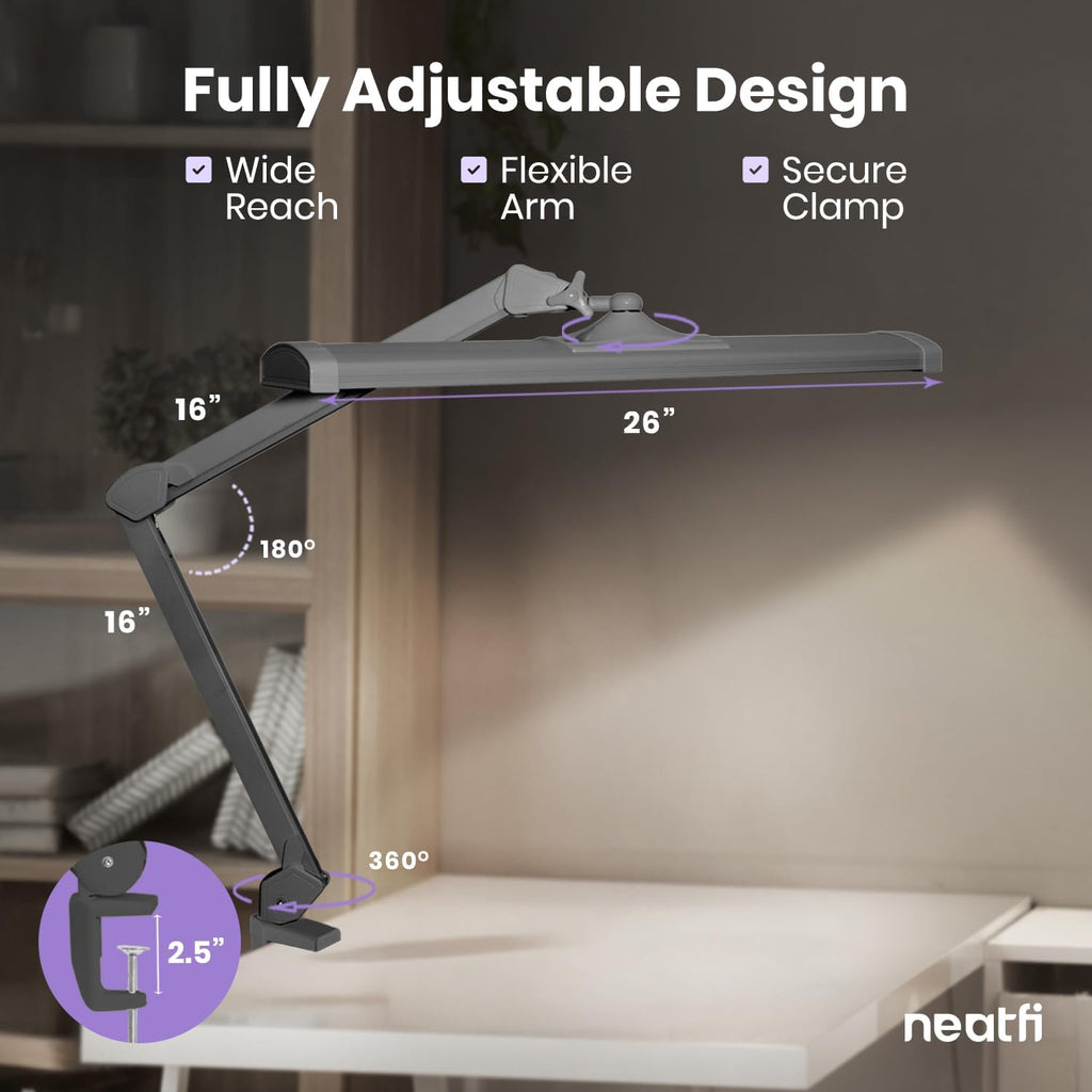 Neatfi Ultra 3,500 Lumens LED Desk Lamp with Clamp – 45W, 270 SMD LEDs, Shadow-Free | Adjustable Brightness | Task Light for Nail, Craft & Office (Silver, 26-Inch Wide Shade)