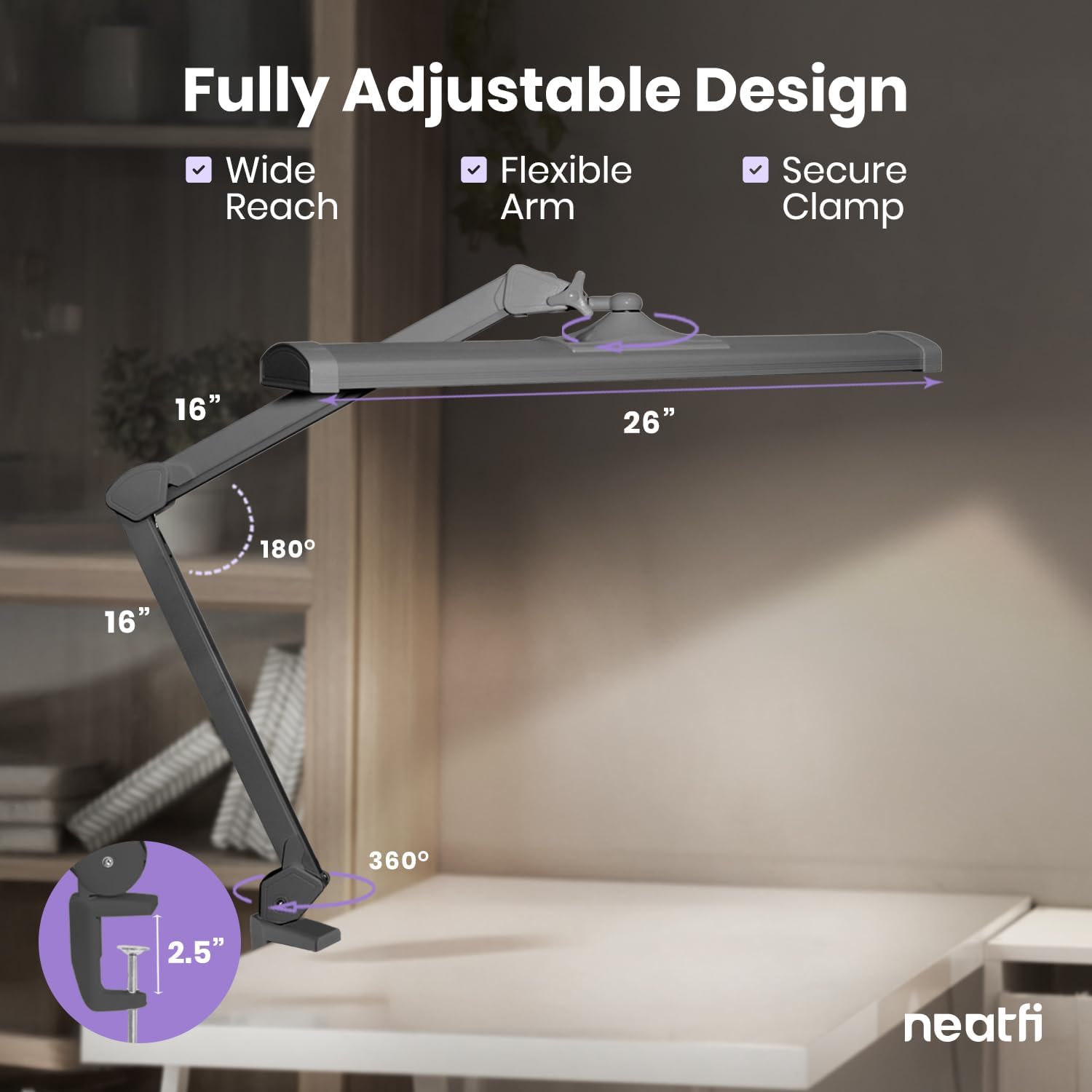 Neatfi Ultra 3,500 Lumens LED Desk Lamp with Clamp – 45W, 270 SMD LEDs, Shadow-Free | Adjustable Brightness | Task Light for Nail, Craft & Office (Silver, 26-Inch Wide Shade)