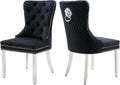 Velvet Dining Chairs Set of 2, Upholstered Dining Room Chairs, Mid-Century Modern Chairs with Diamond Lattice Tufted Back, Lion Pull Ring Rivet Trim, Silver Metal Legs for Kitchen, Black