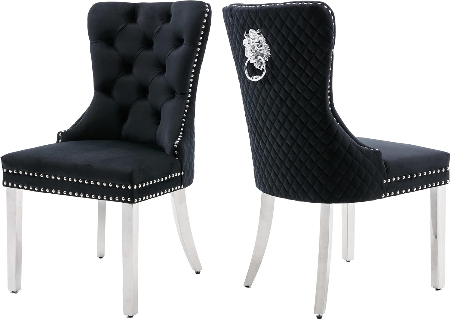 Velvet Dining Chairs Set of 2, Upholstered Dining Room Chairs, Mid-Century Modern Chairs with Diamond Lattice Tufted Back, Lion Pull Ring Rivet Trim, Silver Metal Legs for Kitchen, Black