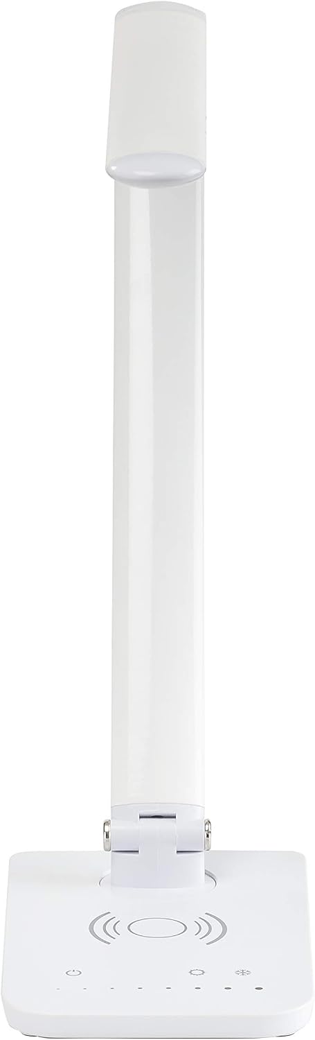 Safco LED Desk Lamp with Built-in Wireless Charging Pad, USB Port, Dimmable, Pivoting Neck, White 1009WH 16'x5'x16.75'