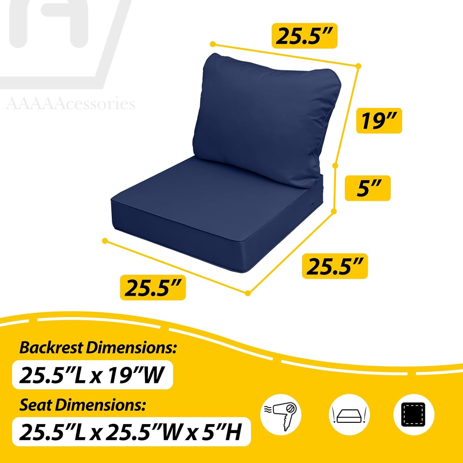 AAAAAcessories Outdoor Deep Seat Cushions, Waterproof, Fade-Resistant Patio Furniture Replacement Cushions, 25.5' x 25.5' x 5' + 25.5' x 19', Set of 4, Navy Blue