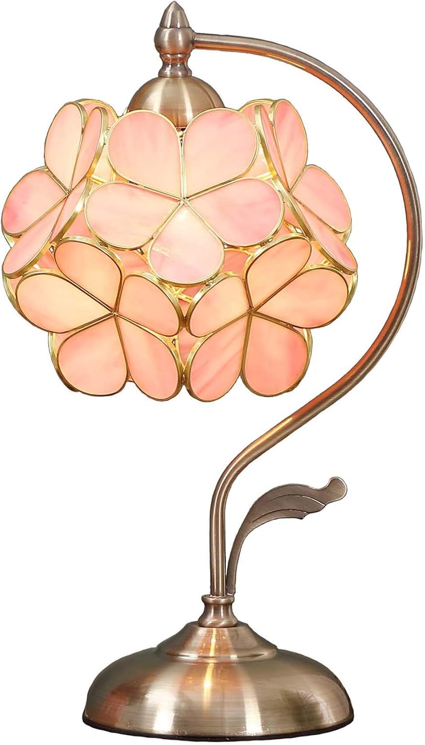 Bieye L10732 Tiffany Style Stained Glass Flower Petal Table Lamp with Brass Base for Home Décor (Pink, 8' Cherry Blossom)