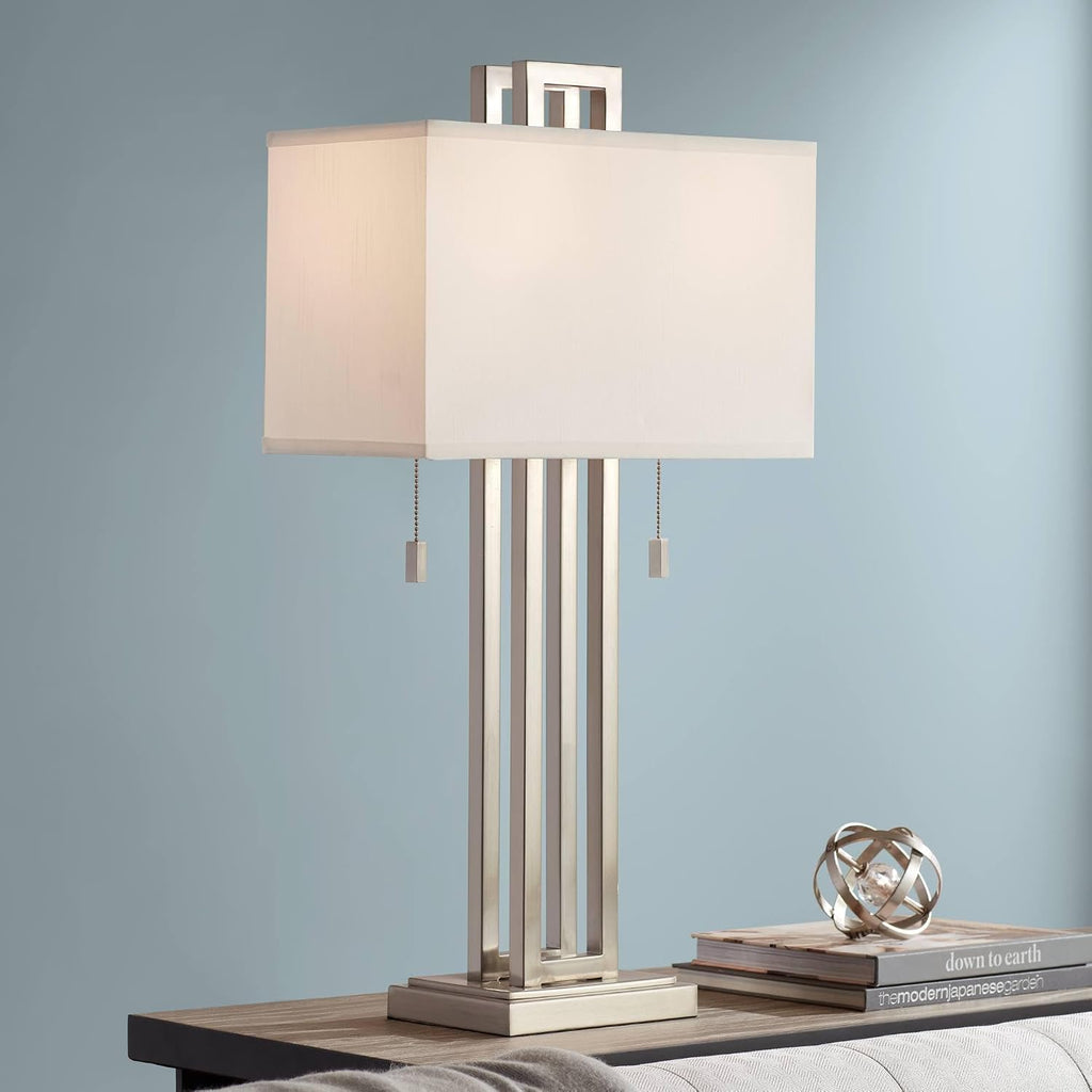 Possini Euro Design Gossard Modern Table Lamp 30' Tall Brushed Nickel Silver Open Metal White Fabric Rectangular Box Shade for Bedroom Living Room House Home Bedside Nightstand Office Family