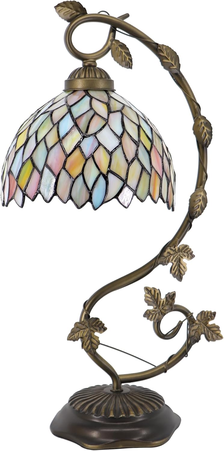 Tiffany Table Lamp, Stained Glass Desk Reading Light,Metal Leaf Table Lamp Base 8X10X21 Inches (Seven Color Wisteria)
