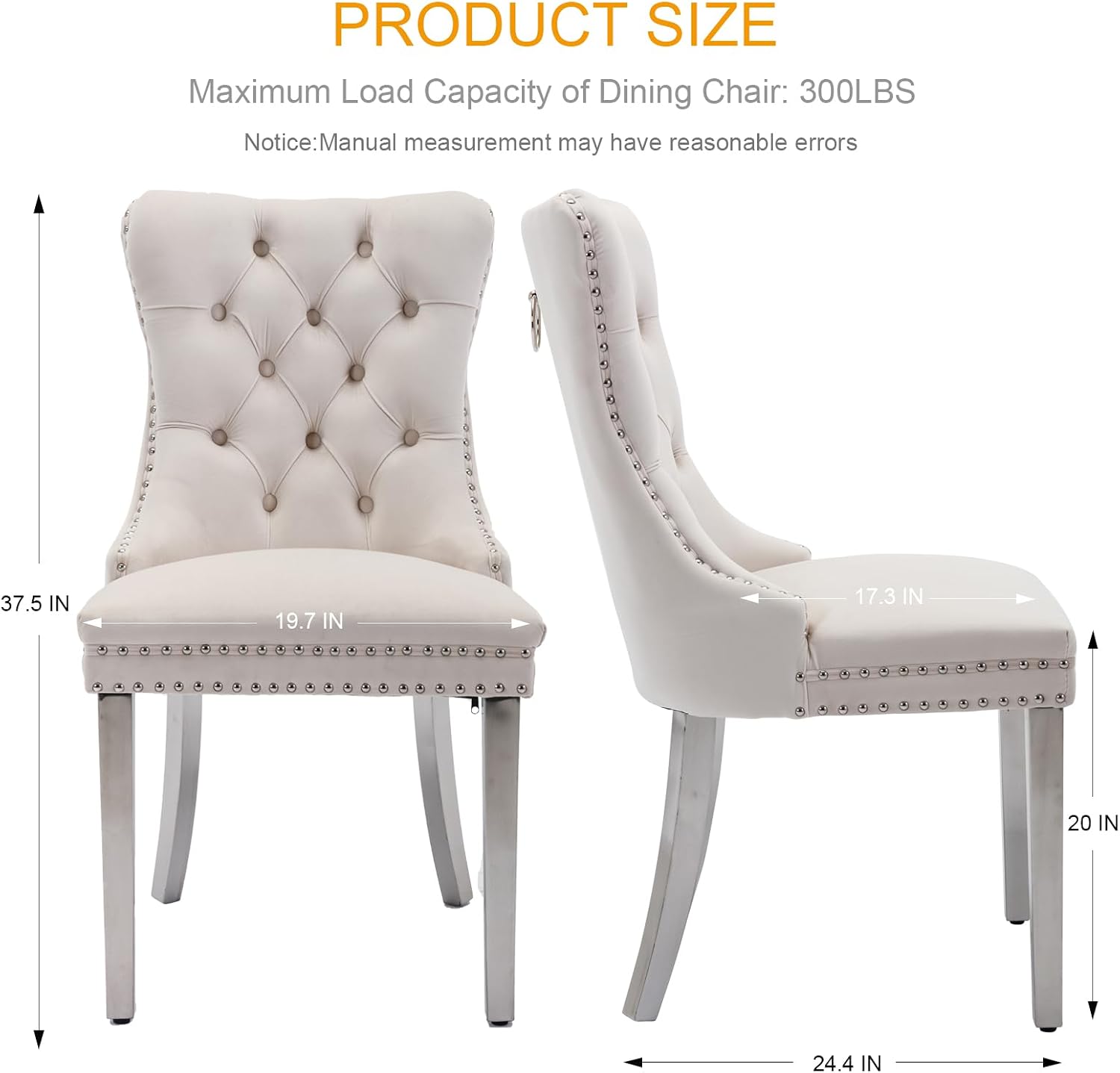 Velvet Dining Chairs Set of 6, Tufted Upholstered Dining Room Chairs with Back Ring Pull, Nailhead Trim and Sliver Stainless Steel Legs, Modern Dinning Chairs for Dining Room, Kitchen(Beige)