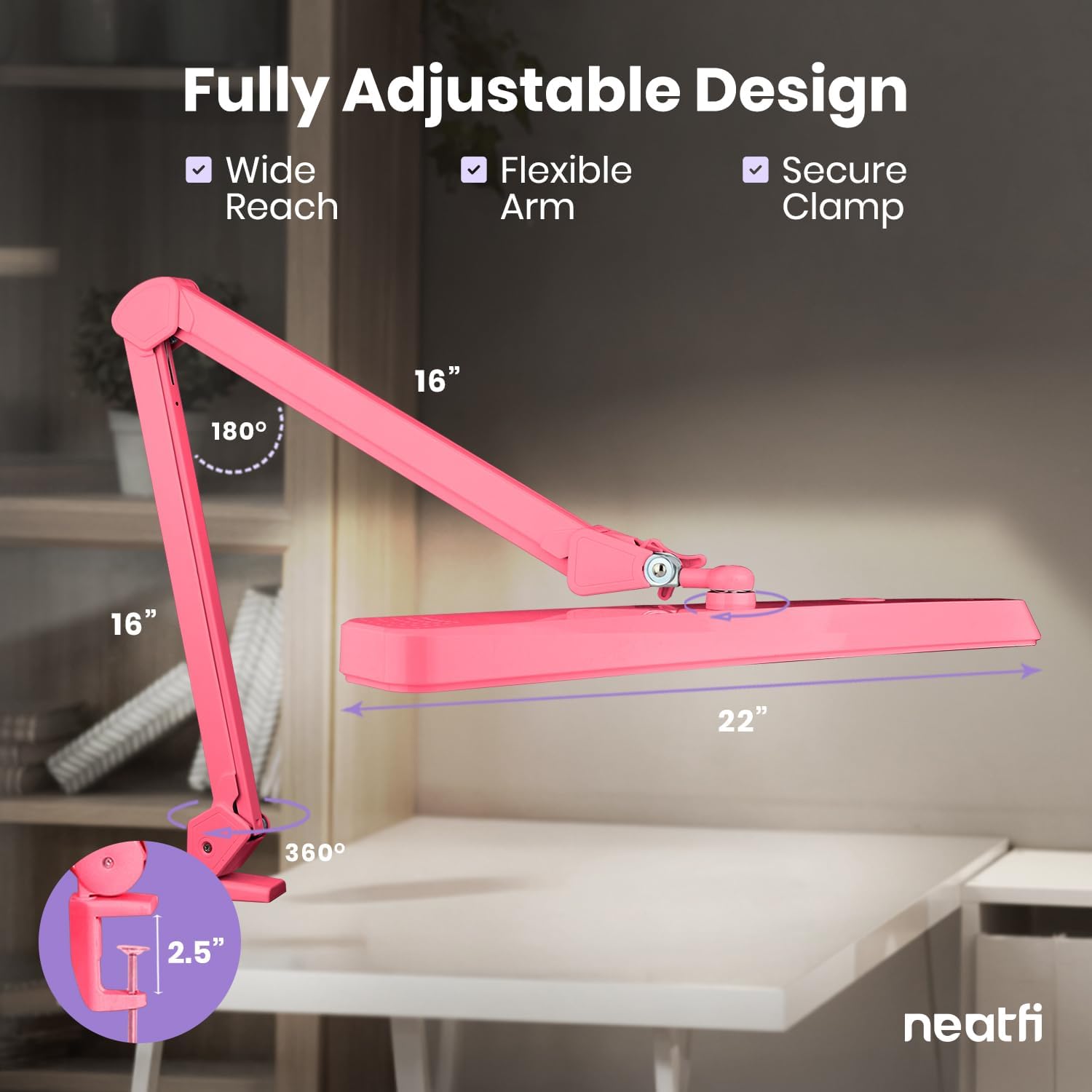 Neatfi XL 2,500 Lumens 30W LED Task Lamp for Manicure Table, Crafts, Workbench, Office – 22' Wide Shade Desk Light | Eye-Caring 6500K | 4-Level Brightness (Pink, Non-CCT with Clamp)