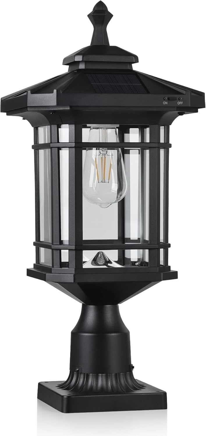Solar Post Light Outdoor, ST4338Q Dusk to Dawn Post Lamp Solar Powered with Pier Mount Base for Pole Pillar Gates Yard Garden Pathway