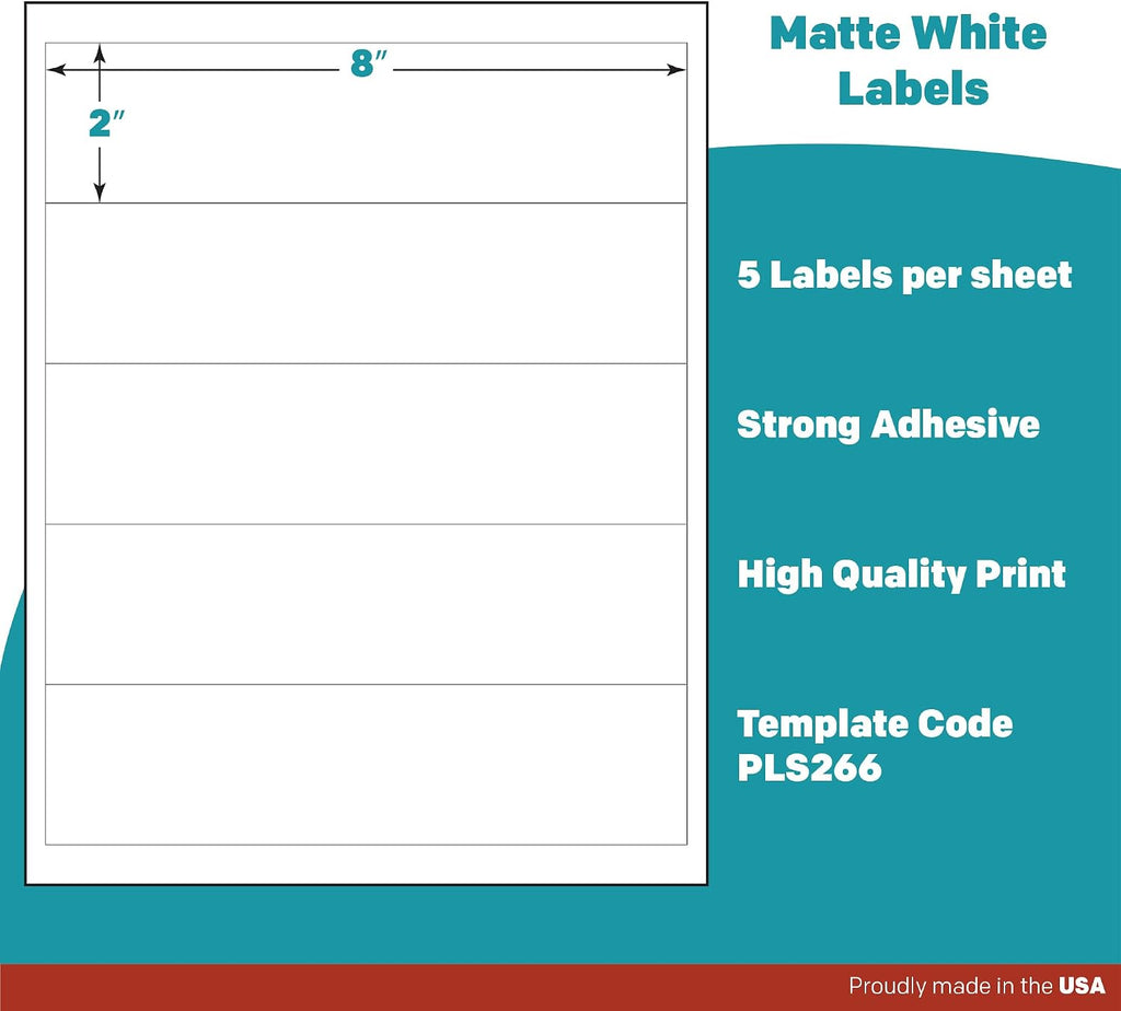 Premium Label Supply Matte White Water Bottle Stickers- NOT Waterproof – 8' x 2' – Laser/Inkjet Compatible – (5 per Sheet), 1000 Sheets – 5,000 Total Adhesive Labels