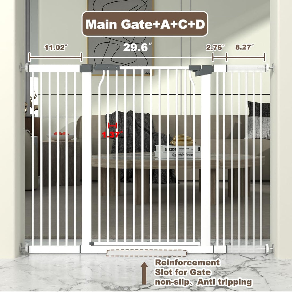 41' Extra Tall Cat Gate for Doorway, 49.2-54.7 Metal Pet Baby Safe Gate, Extra Wide Pressure Mounted Child Door with Expansion Kit, No Drilling No Climb Cat Fence Indoor, Tall Dog Gate, White