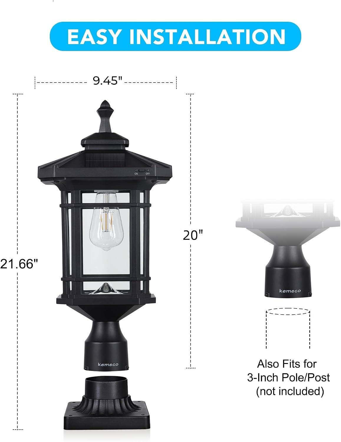 Solar Post Light Outdoor, ST4338Q Dusk to Dawn Post Lamp Solar Powered with Pier Mount Base for Pole Pillar Gates Yard Garden Pathway